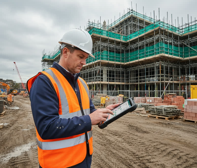 Site manager reviewing live project data on a tablet on an active construction site