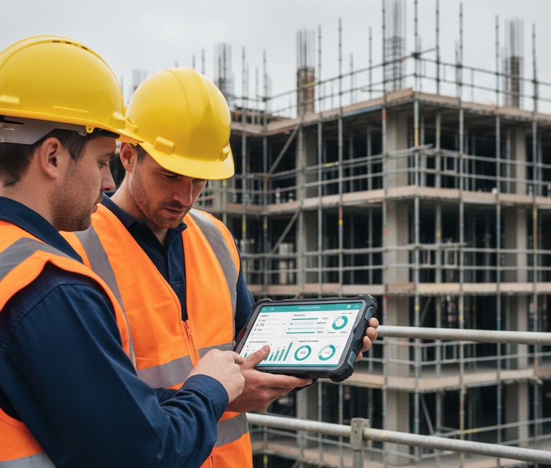 Two construction workers reviewing the FORGE Command site management app dashboard on a tablet on site