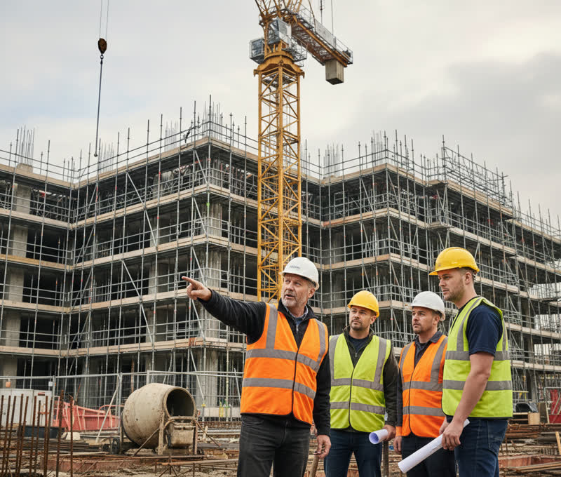 Foreman coordinating a team of construction workers on site