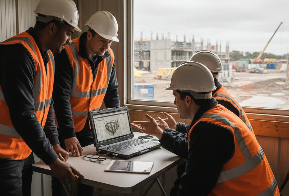 Construction professionals setting up a project around a laptop in a site office
