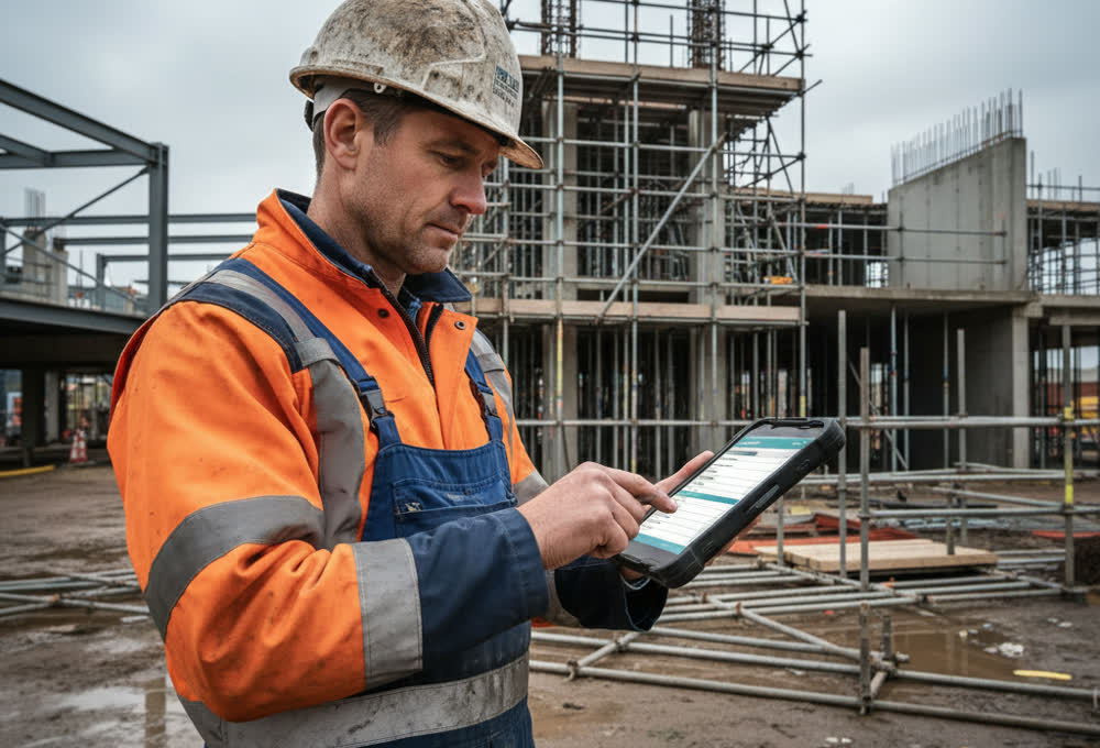 Site manager recording daily progress on a rugged tablet on site