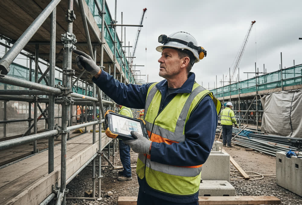 Safety inspector checking scaffolding on an active construction site