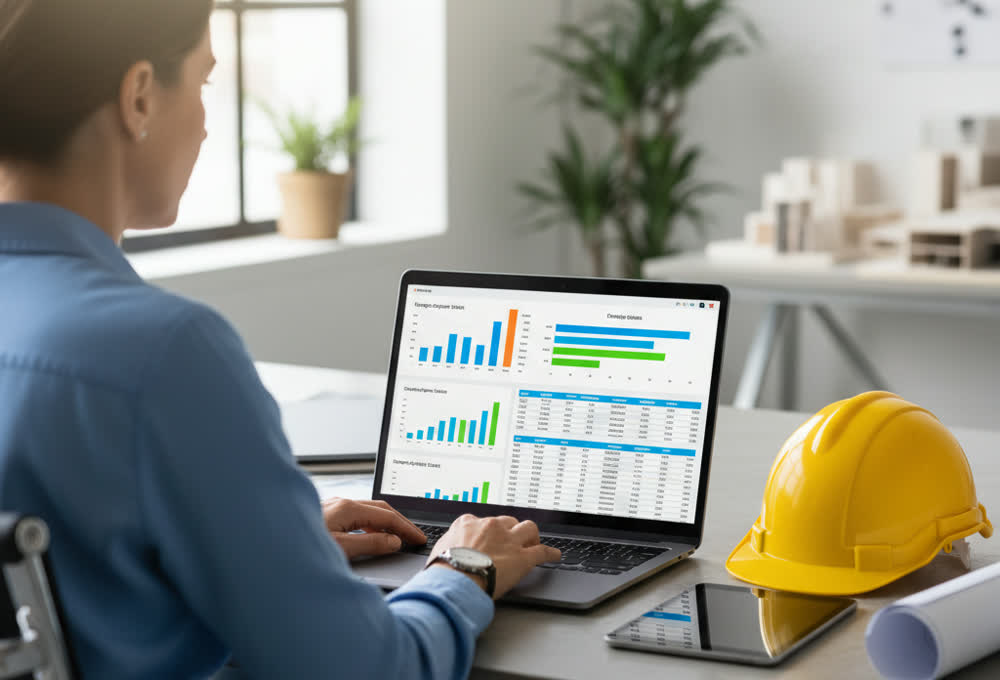 Project manager reviewing project information on a laptop in a site office