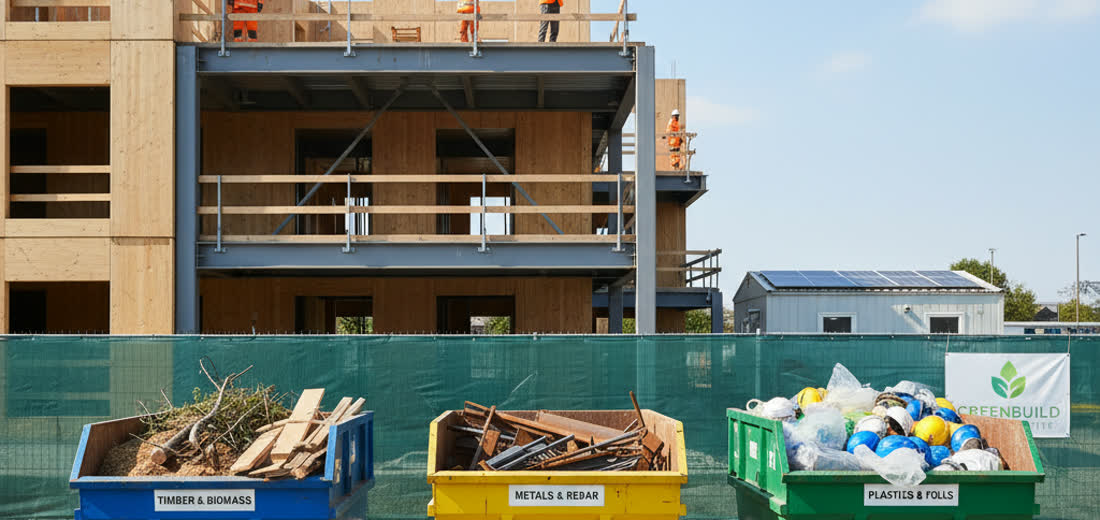 Well organised construction site with segregated waste recycling skips