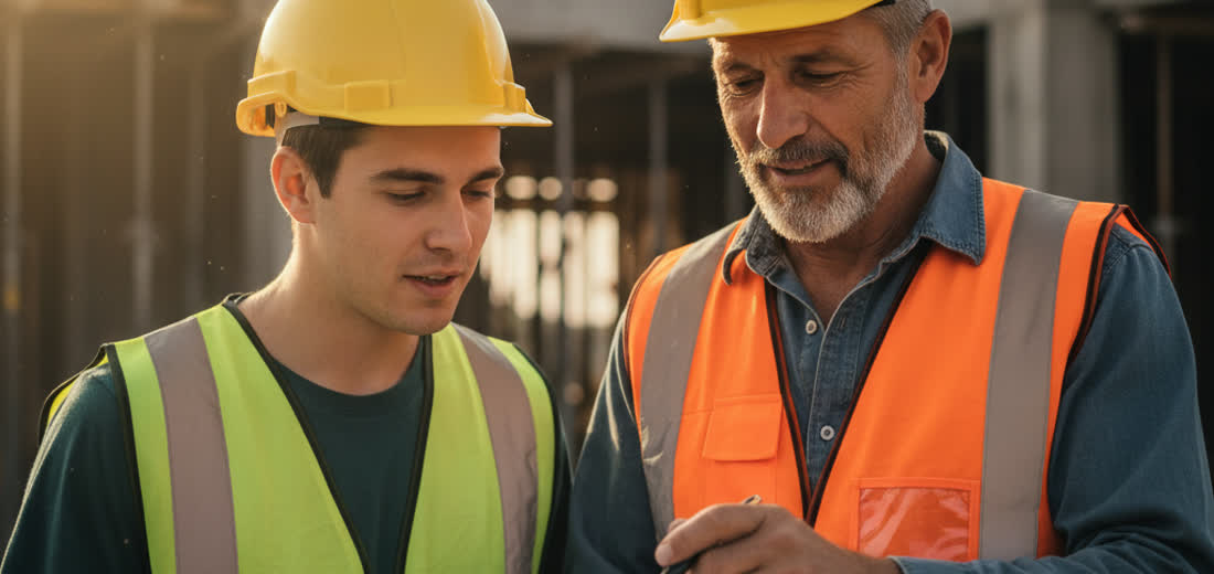 Experienced supervisor mentoring a young apprentice on site